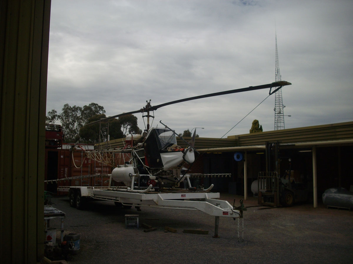 The crop dusting helicopter has a custom built trailer built by the Spray shop