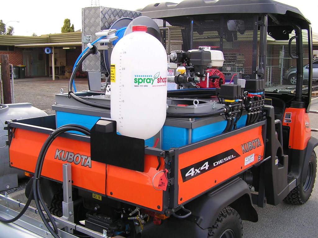 Kubota diesel 4X4 with 400 litre Quik corp ATV unit chemical dosing unit, rear covered boom and spot spray gun and side spray gun
