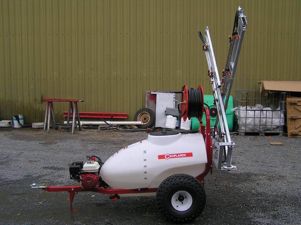 300-litre trailed flower plot sprayer, 6-metre boom with 30-metre hose reel and engine driven diaphragm pump on turf tyres